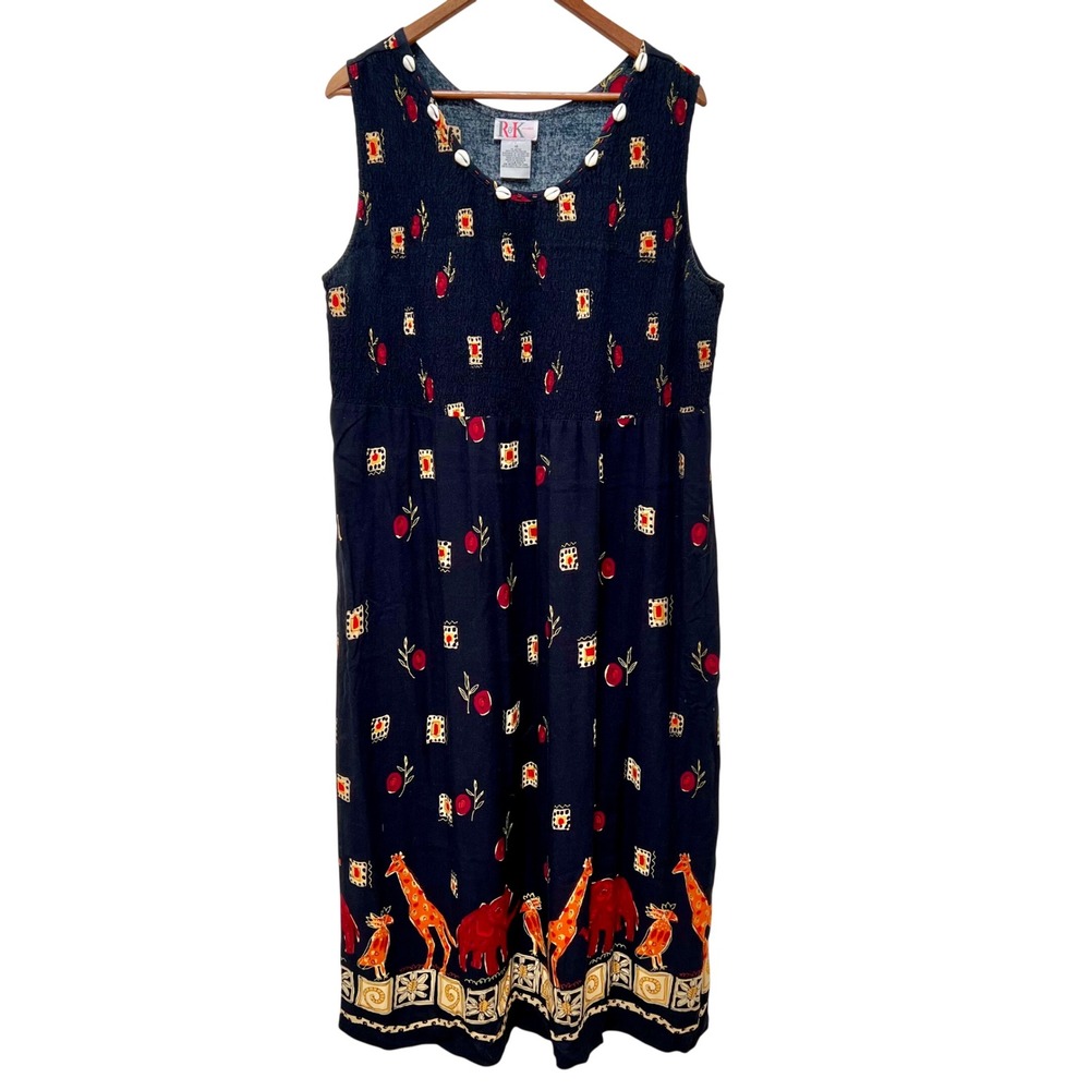 Vintage R&K Originals Black Safari Print Cowrie‎ Shell Smocked Midi Dress 16